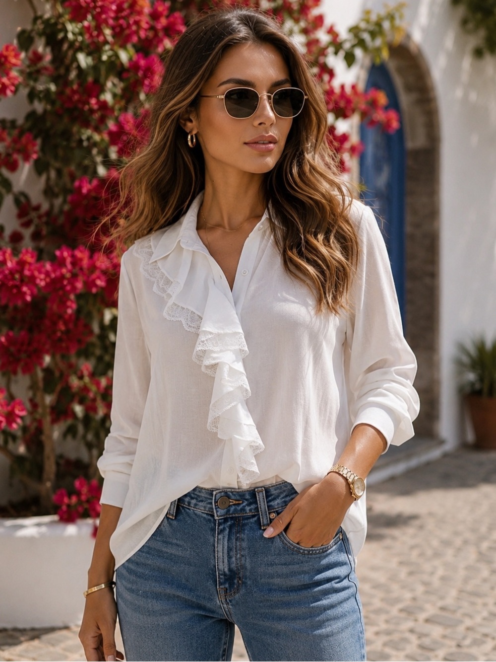 FROM PARIS FRANCE 🇫🇷 Women's White Ruffle Front Button-Down Top
